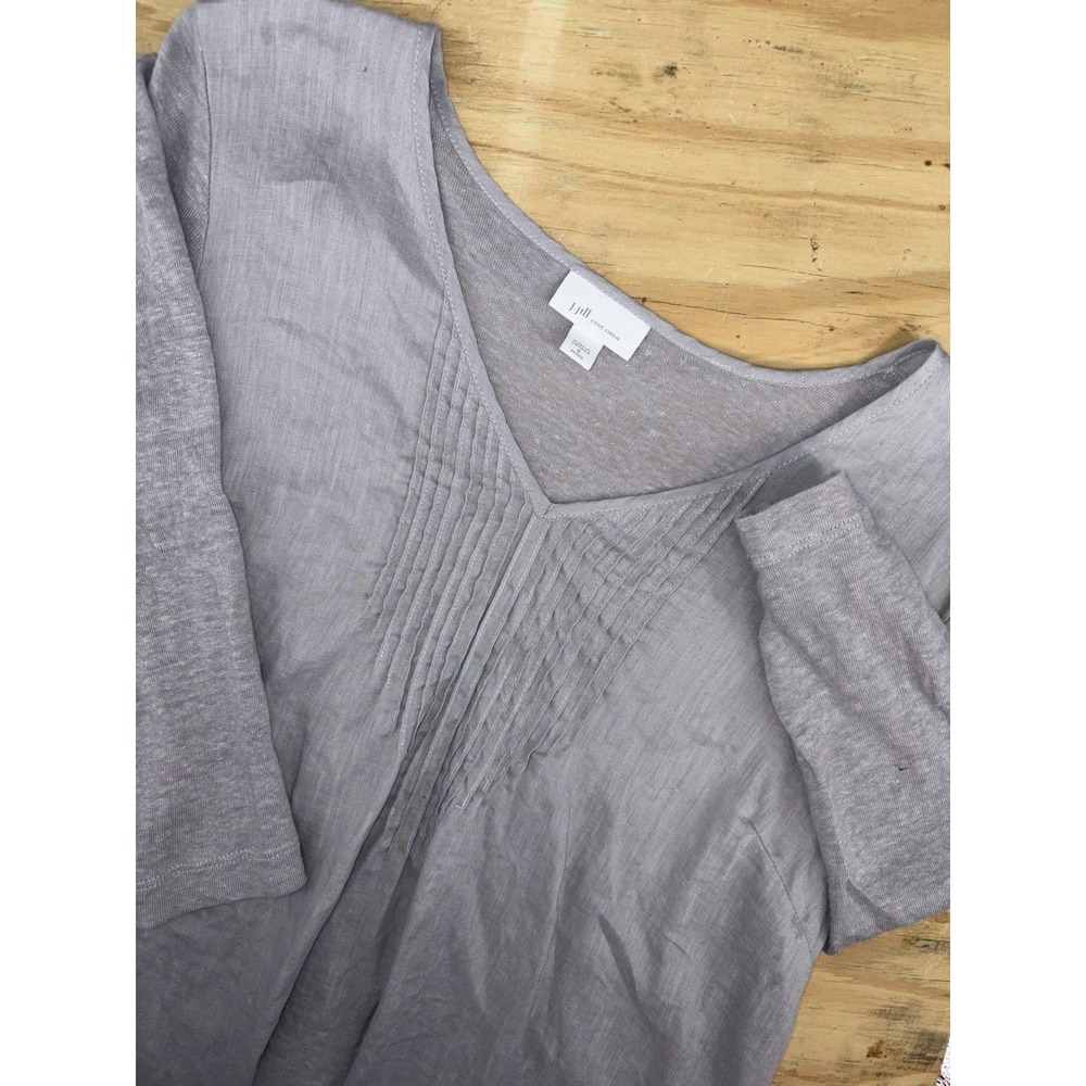 J Jill Love Linen 3/4 Sleeve Pleated V Neck Top Small Petite Gray